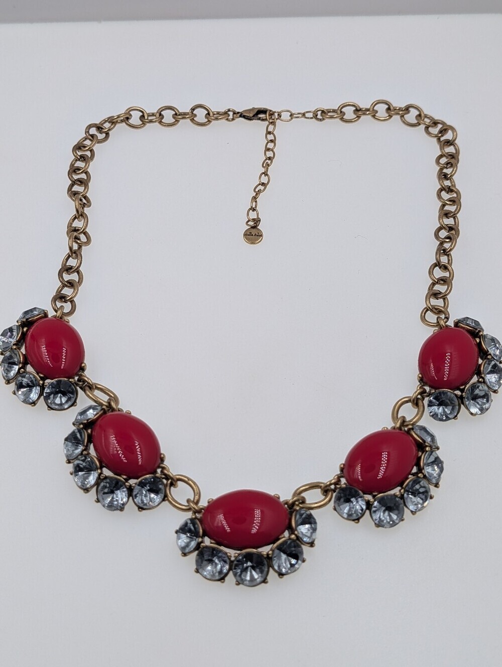 Stella & Dot Vintage Gold Red Cabochon & Crystal Statement Collar Necklace 0307